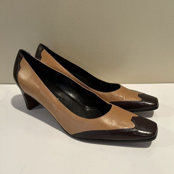 etienne Aigner shoes size‎ 10M two tone leather stacked pumps vintage +wear - Picture 1 of 8